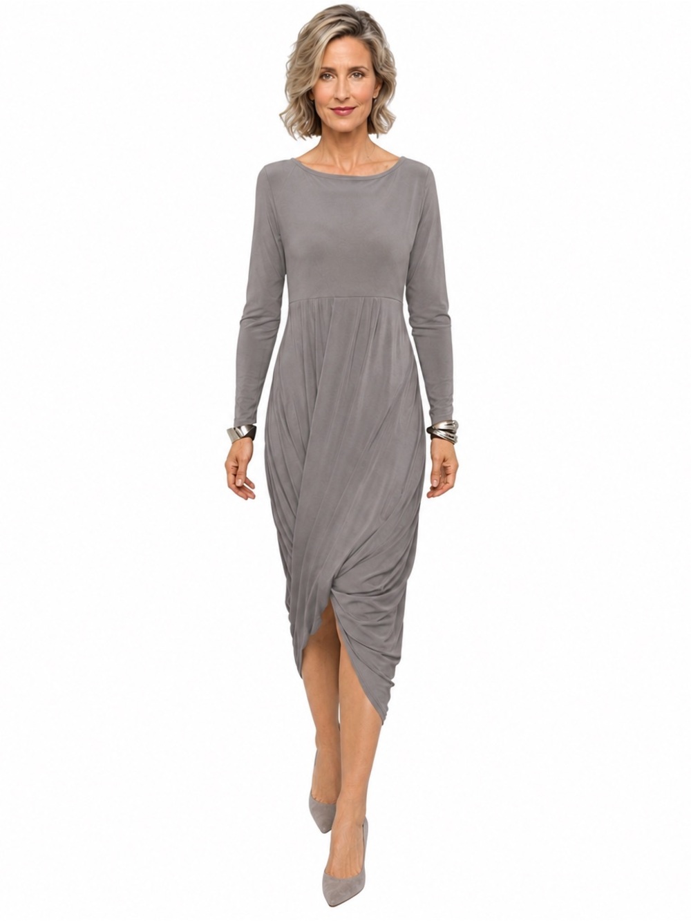 Sympli Grey Draped Maxi Dress Size 6 Made in Canada Lagenlook Stretch Travel
